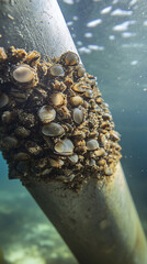 close-up of invasive quagga mussels encrusting an underwater pipe