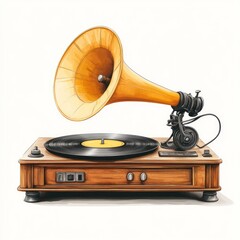 Vintage Gramophone Player With Large Horn Speaker