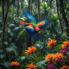 A colorful parrot in flight over a tropical rainforest filled with vibrant flowers.