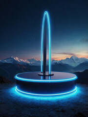 Blue Neon Glow Product Stand with a Mountain Background