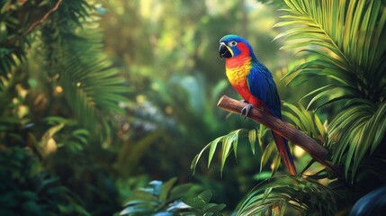 Vibrant parrot perched on branch in lush tropical rainforest.