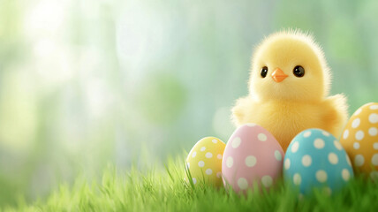 Adorable easter chick surrounded by colorful eggs on fresh spring grass