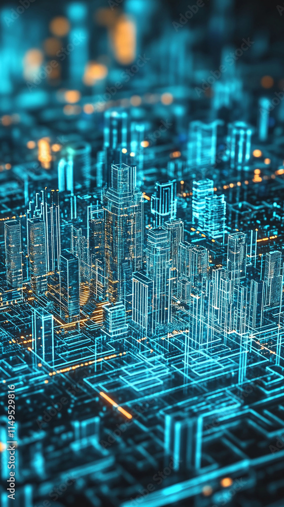 Poster digital twin hologram of a futuristic city hovering over a central 5g hub used for planning and anal