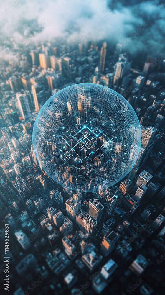 Poster digital twin hologram of a futuristic city hovering over a central 5g hub used for planning and anal