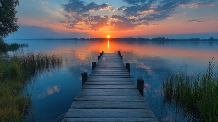 Fototapeta premium Serene sunrise, wooden dock, tranquil lake.