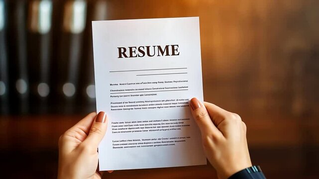 Hand holding a resume on a wooden desk, background with blurred folders.