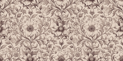 Intricate vintage floral wallpaper pattern in soft sepia tones.