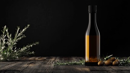 Premium Italian Olive Oil Bottle Close-Up on Wooden Table with Olive Branches and Dark Background