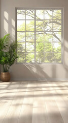Sunlit Room Interior Design, Plant, Window, Trees, Sunlight, Wooden Floor, Home Decor, Lifestyle Photography. generative ai