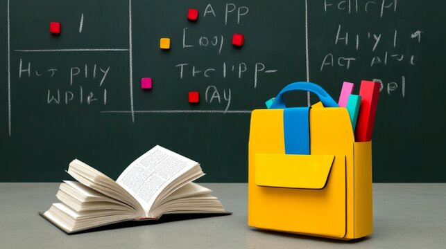 Happy Teachers Day. School backpack and open book on blackboard background with chalkdrawing dooles and lettering. Vector illustration.