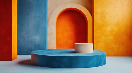 Vivid minimalist podium in complementary orange and blue hues, ideal for product display