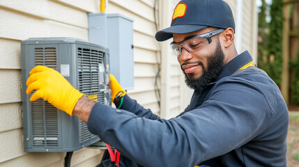 Technician Performing Maintenance on HVAC System at Residential Property