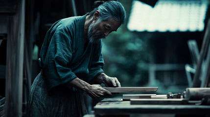 Skilled Japanese Woodworker Using Plane to Shape Natural Wood in Traditional Workshop Setting