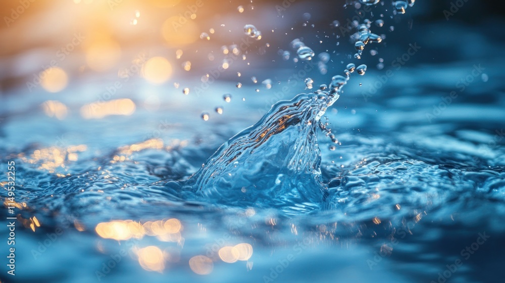 Poster water droplet impact creating a splash with bokeh background.