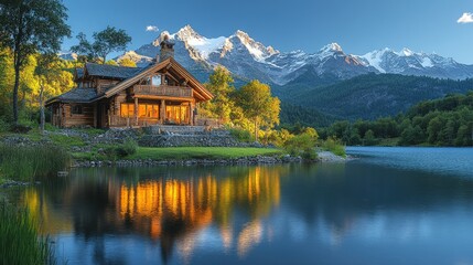 Mountain lake cabin reflection, idyllic sunset.
