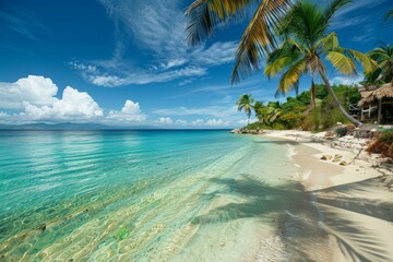 Fototapeta premium Crystal clear turquoise water laps gently against a pristine white sand beach, fringed by swaying palm trees and lush tropical vegetation