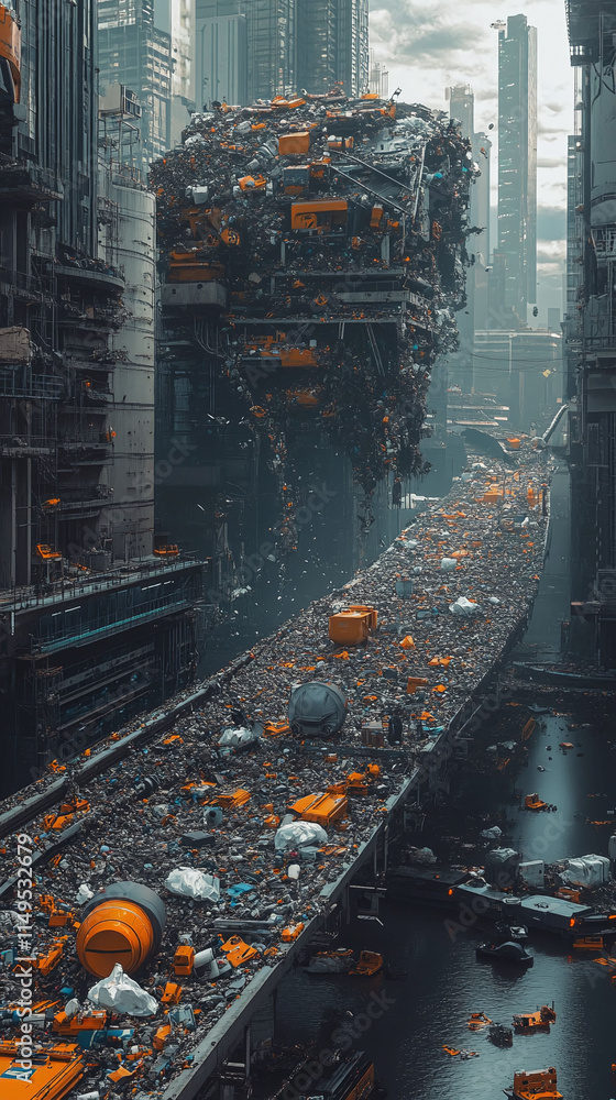 Aufkleber futuristic waste management system in a city with ai-powered robots linked by 5g signals.