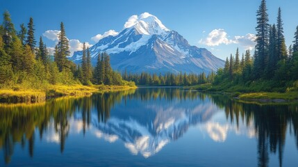Mountain peak reflected in tranquil lake.