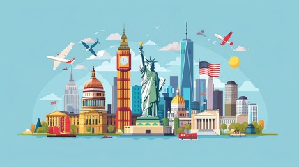 Illustration of famous landmarks from around the world, with airplanes in the sky and a blue background.