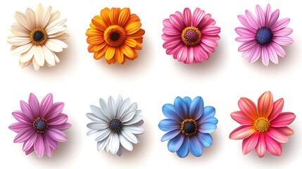 Set of colorful daisies flowers isolated on a white background