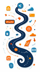 Winding road journey, travel planning, app icons, success, progress, white background, website illustration. generative ai