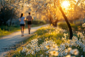Obraz premium As the change in weather brings warmth, two runners enjoy a scenic path surrounded by blooming flowers. This thaw marks the arrival of spring, heralding nature's vibrant rebirth.