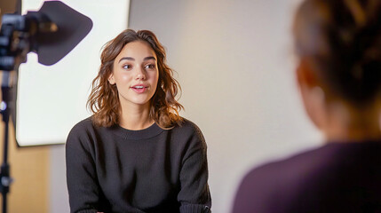 Young caucasian female in interview setting with studio backdrop and lighting