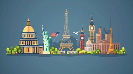 A stylized illustration of famous landmarks from different countries, including the Statue of Liberty, the Eiffel Tower, Big Ben, and the US Capitol Building.