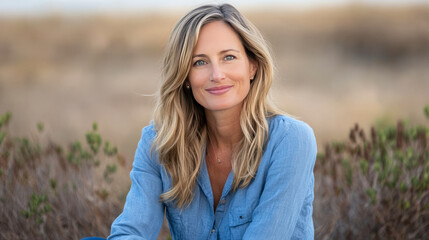 Blonde mature caucasian woman smiling in nature setting