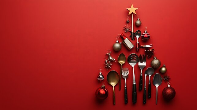 Creative Holiday Arrangement of Kitchen Utensils and Ornaments Forming a Christmas Tree on Red Background