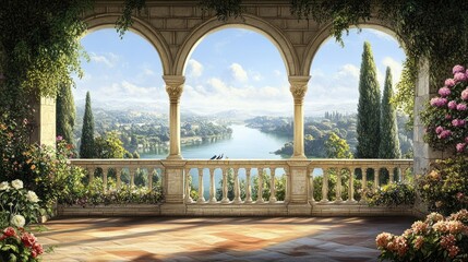Obraz premium Wallpaper Classic drawing of a palace garden in the Baron style Stone arches overlooking the river and the picturesque nature with trees, flowers, peacock in vintage style