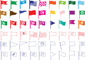 Colorful flags vector icons, global designs, flag outlines, and symbols in diverse styles for branding, events, or decorations. Perfect flag illustration for graphic design, marketing projects