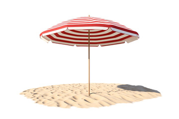 A striped beach umbrella stands on sandy ground, providing shade with its vibrant red and white colors.
