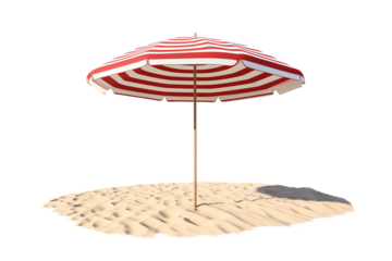 A striped beach umbrella stands on sandy ground, providing shade with its vibrant red and white colors.