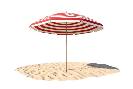 A striped beach umbrella stands on sandy ground, providing shade with its vibrant red and white colors.