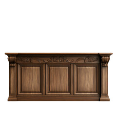 A detailed wooden bar counter featuring intricate carvings and three panel sections.