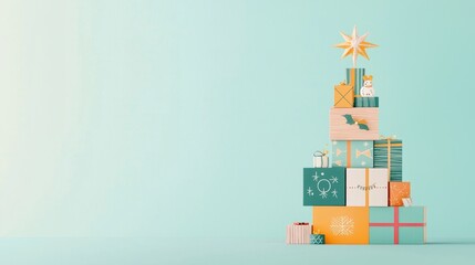 Fototapeta premium Colorful Christmas gift boxes stacked on a light background for holiday celebrations and festive decorations