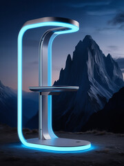 Blue Neon Glow Product Stand with a Mountain Background