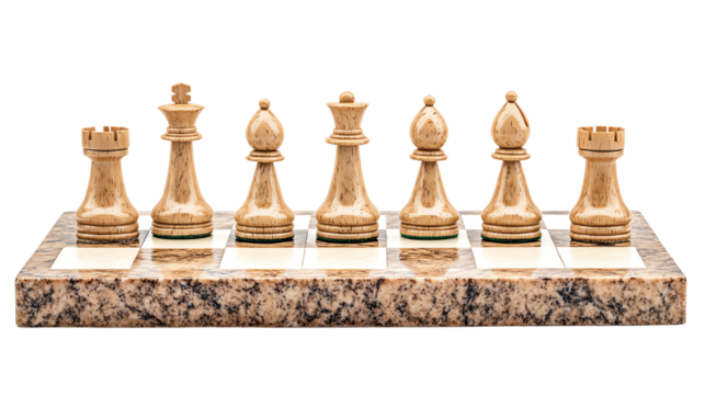 A set of intricately designed chess pieces made from polished wood, prominently displayed on a decorative chessboard.