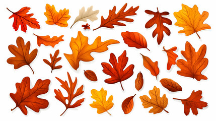 Fototapeta premium Autumn Oak Leaves Collection, Fall Foliage Design Elements, White Background, Thanksgiving, Graphic Design. generative ai
