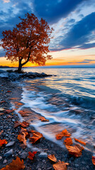 Autumn tree sunset lakeshore, waves washing ashore, fall leaves, peaceful landscape, desktop wallpaper. generative ai