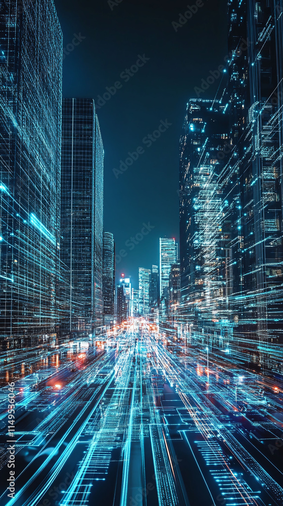 Poster nighttime view of a sprawling futuristic city lit up by glowing 5g data streams connecting ai-manage