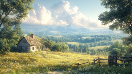 Secluded cabin, blooming meadow, mountain vista.