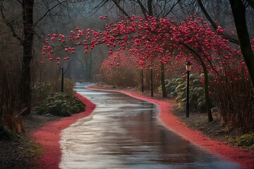 A beautiful scene of a path lined with blooming trees, showcasing a clear change in weather as the winter thaw gives way to vibrant spring colors and textures.