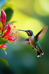 Fototapeta premium A hummingbird with shimmering green feathers hovering mid-air feeding on pink flowers with a blurred green background