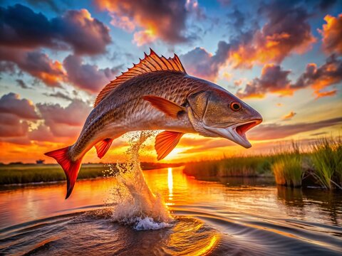 Redfish Leap: Dramatic Louisiana Sunset Wildlife Photo