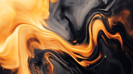 Abstract swirling orange and black paint texture.