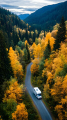 Campervan autumn mountain road trip scenic fall foliage travel. generative ai