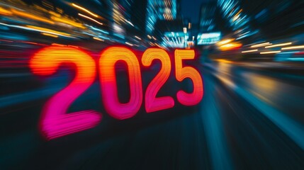 Panoramic high speed technology concept Happy new year Text"2025" background neon. Holiday greeting card design. Abstract image of speed motion on the road. 