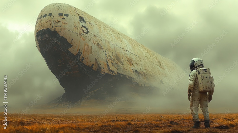 Poster astronaut exploring a crashed spaceship in a desolate, foggy landscape.